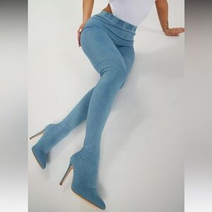 Stretch Knit Pointed-Toe Stiletto Sock Boots - Light Blue
